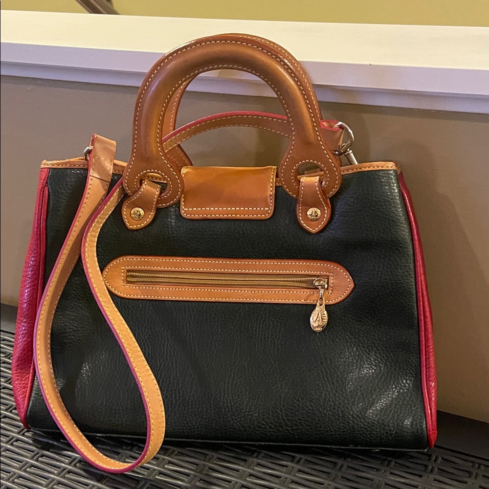Chic Blue and Tan Satchel with Red Accents